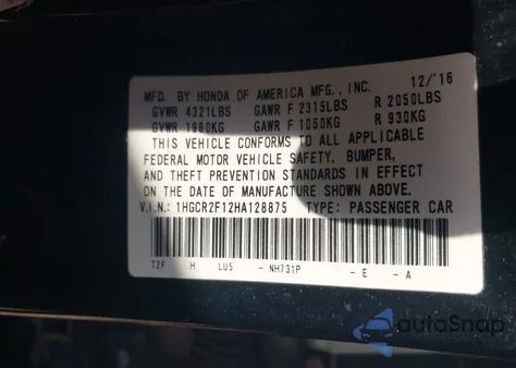 2017 Honda Accord Sport Se from USA, damaged, VIN 1HGCR2F12HA128875